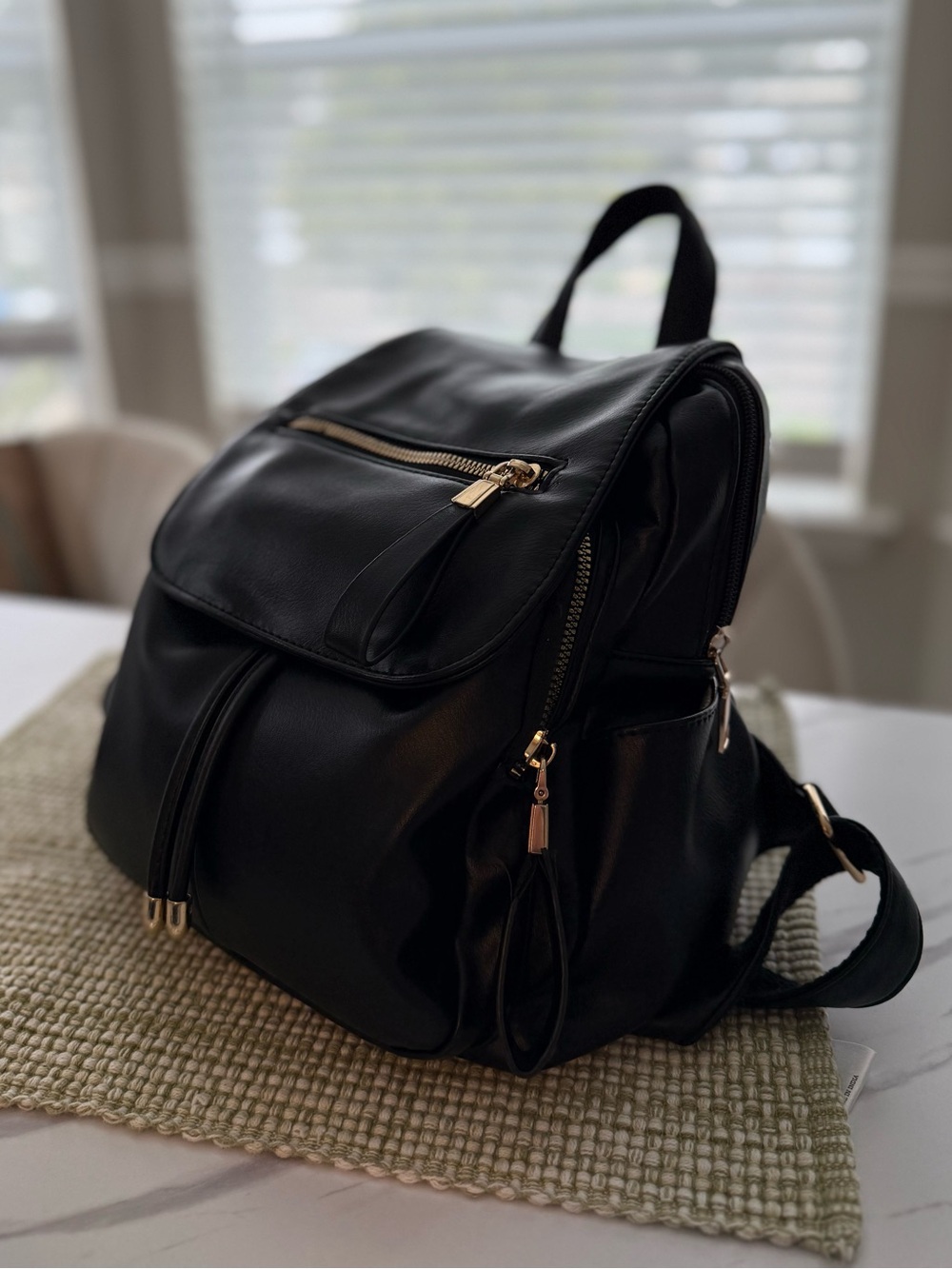 Classic Black Leatherette Women’s Backpack - Sleek Everyday Bag